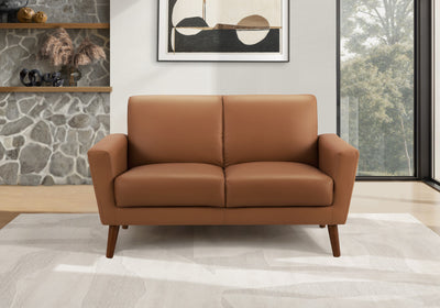 Upholstered Love Seat, 58" L, Brown Leather-Look, Walnut Wood Legs, Mid-Century Loveseat | Causeuse Rembourre, 58" L, Aspect Cuir Marron, Pieds En Bois De Noyer, Mid-Century
