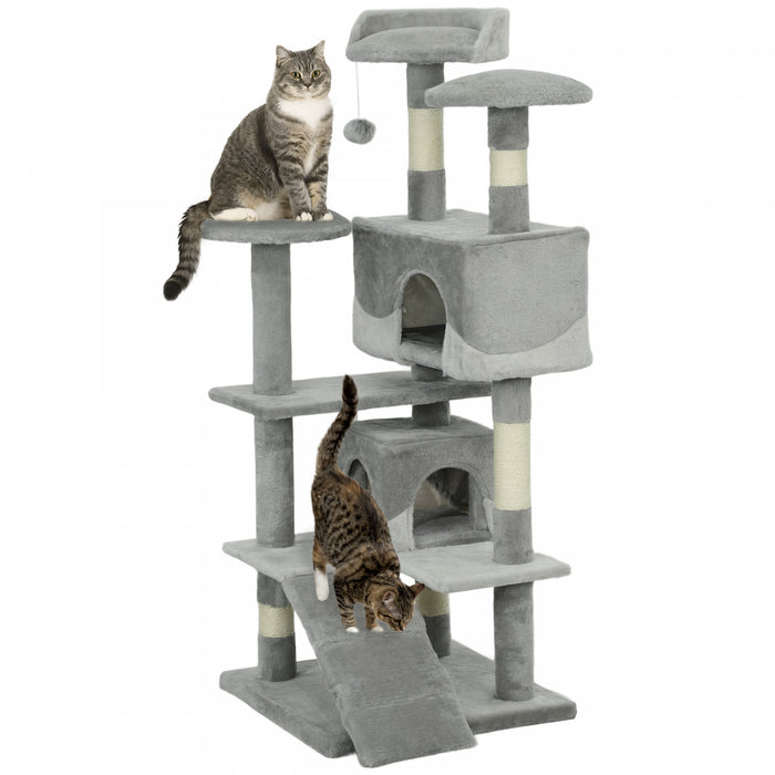 Pawhut Arbre A Chat De 53 Po, Grand Meuble Pour Chat, Centre D'activites A Plusieurs Niveaux Avec Griffoirs, Perchoirs, Rampe Et Balles Pendantes, Gris