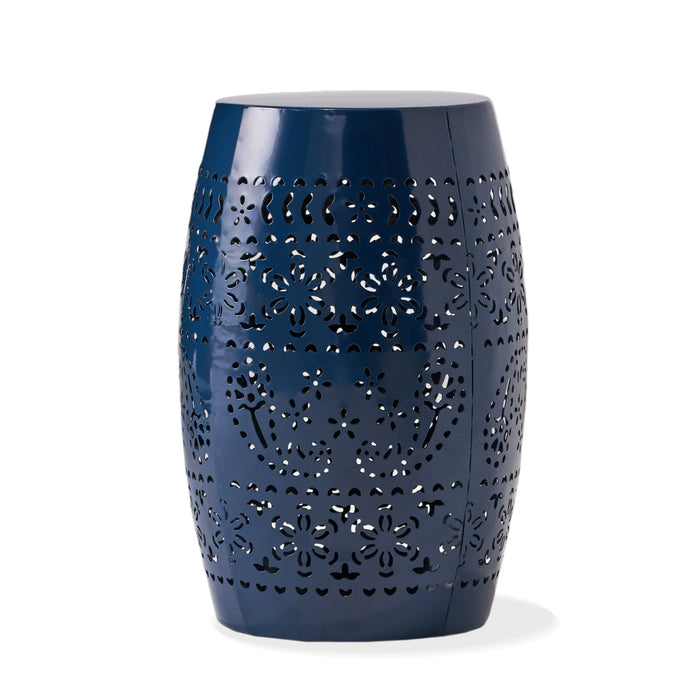Table D’appoint Interieure Phoenix En Fer De Forme Tonneau 12\", Avec Motif Ajoure, Bleu Marine