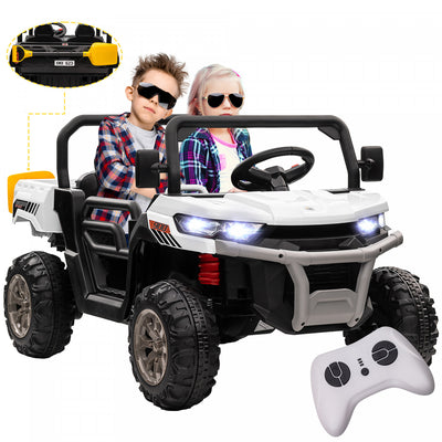 Aosom 2-seater Ride On Car, 12v 7ah Kids Utv, Ride On Dump Truck With Electric Dump Bed And Shovel, Remote Control, 4 Spring Suspension, Music, Lights, For Boys Girls, Black