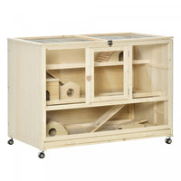 Pawhut Cage A Hamster En Bois, Cage A Rats A 3 Niveaux Avec Toit Ouvrant, Echelles, Roues, Plateau,