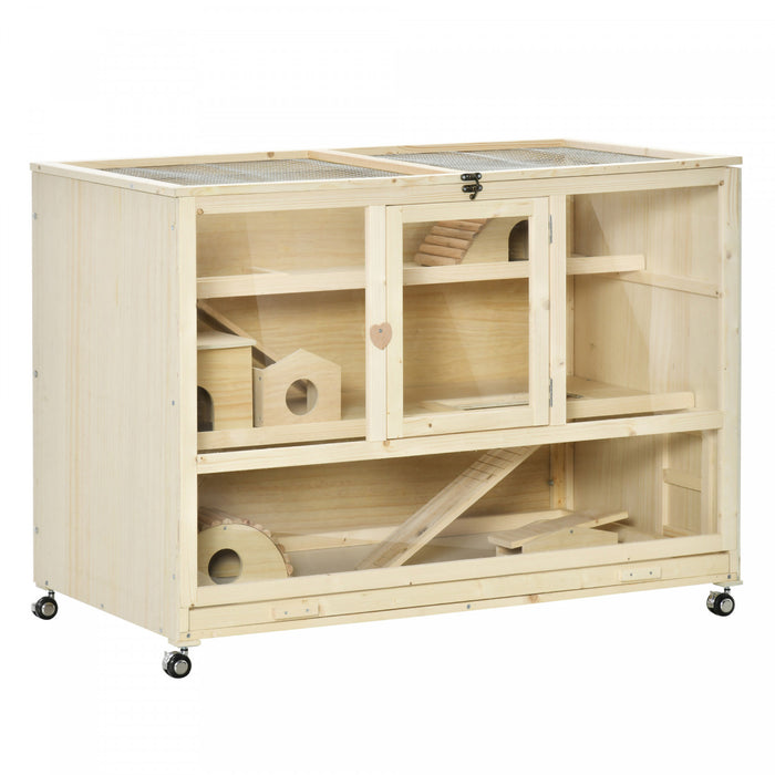Pawhut Cage A Hamster En Bois, Cage A Rats A 3 Niveaux Avec Toit Ouvrant, Echelles, Roues, Plateau, Pour Hamsters, Rats, Maison De Jeu D'exercice Pour Petits Animaux, Bois Naturel
