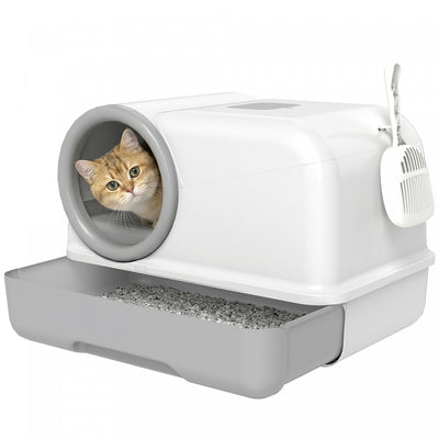 PawHut Cat Litter Box with Lid, Hooded Cat Litter Tray with Scoop, Kitty Box, Toilet, Easy Clean with Pull-Out Tray and Deodorization Bags, White and Grey