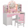 Qaba Kids Vanity Set with Lighted Bow Mirror, Toddler Dressing Table and Chair Set with Cabinet, Drawer and Shelves, Pretend Makeup Playset for Girls 3-8 Years Old, Pink