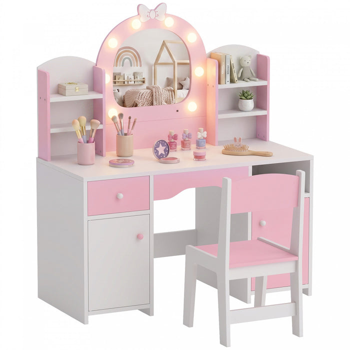 Qaba Coiffeuse Enfant avec Miroir Nœud Lumineux, Tabouret, Placard et Tiroir, Rose