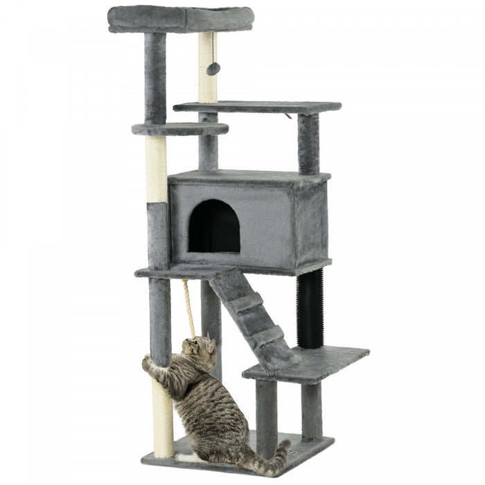 Pawhut Arbre A Chat 58\" Pour 2 Chats Avec Griffoirs, Tour A Chat Pour Chats D'interieur Avec Perchoir, Niche, Jouets, Gris