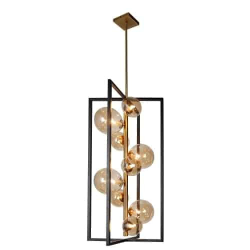 Luminaire suspendu Glasgow de Dainolite en verre champagne, avec fini noir mat et bronze rétro, et 9 ampoules