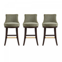  Tabouret de bar moderne Lucia en bois et chenille, revetement vert feuille - Lot de 3