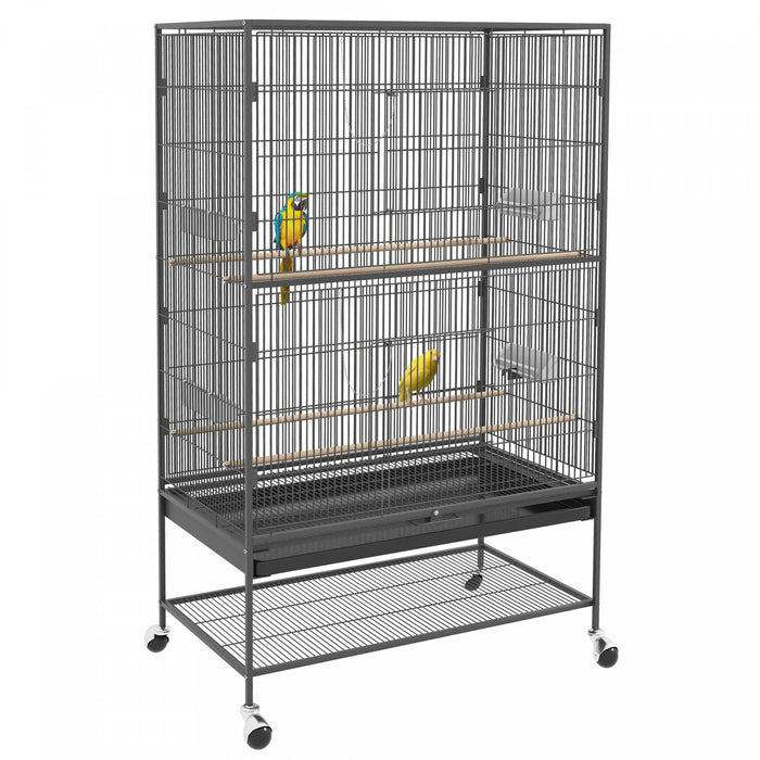 Pawhut Cage A Oiseaux 60\" Avec Support Pour Calopsittes Canaris Inseparables Pinsons, Cage A Perruches Avec Roues, Plateau Amovible, Etagere De Rangement