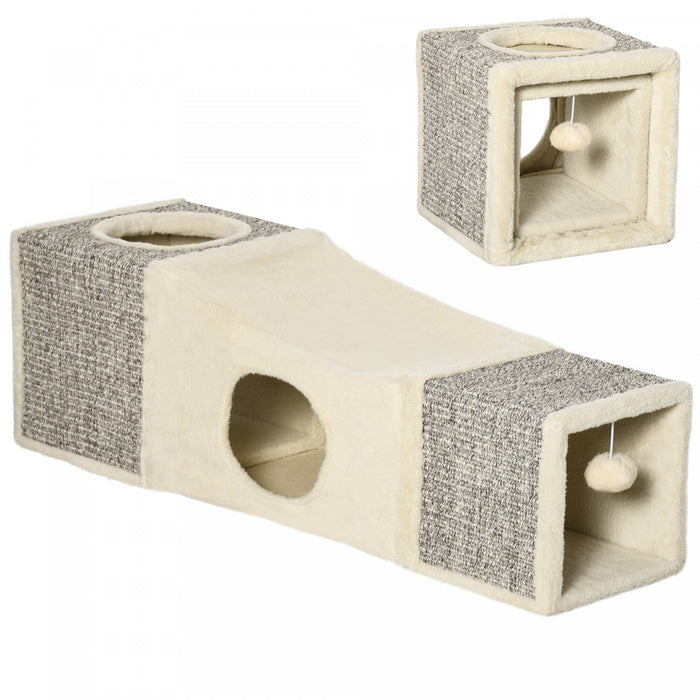 Tunnel Pour Chat Pawhut De 99 Cm De Long Avec Balle Suspendue, Enclos Exterieur Pour Chat En Peluche Catio Avec Deux Niches, Blanc Creme