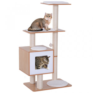Pawhut Arbre A Chats Design Contemporain Griffoirs Grattoirs Sisal Naturel Centre Dactivites Niche Plate-formes Jeu Boules Suspendues 66l X 47l X 120h Cm Mdf Hetre Clair