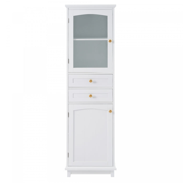 Jamie Armoire Haute De Salle De Bain 63\" En Bois De Pin Avec Etageres Reglables Et Portes Vitrees - Blanche