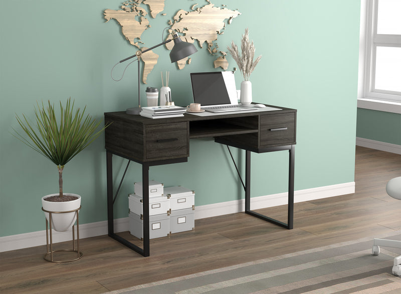Bureau D’etude 42,5 Po Pour Bureau A Domicile Ou Salle De Jeux – Gris Fonce Avec 2 Tiroirs, 1 Etagere Et Base En Metal Noir