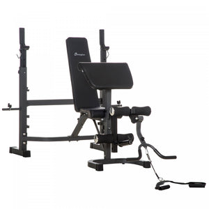 Soozier Banc De Musculation Fitness Entrainement Complet Avec Support D'halteres Repose Barre Curl Dossier Appui-coude Reglables Acier Revetement Synthetique Noir Et Gris