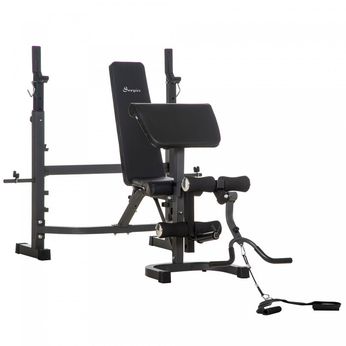 Soozier Banc De Musculation Fitness Entrainement Complet Avec Support D'halteres Repose Barre Curl Dossier Appui-coude Reglables Acier Revetement Synthetique Noir Et Gris