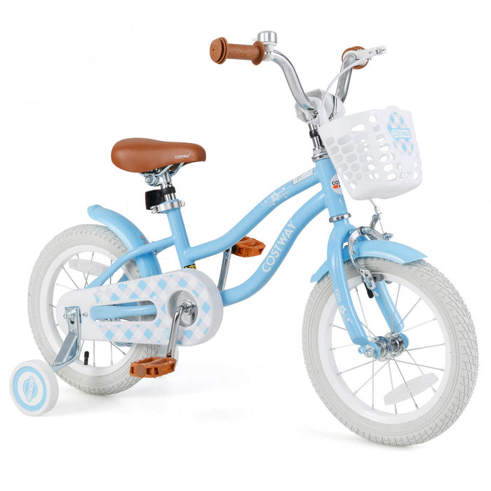 Velo Costway 14\" Pour Enfants Avec Roues D'entrainement Amovibles Et Panier Pour 3-5 Ans Bleu