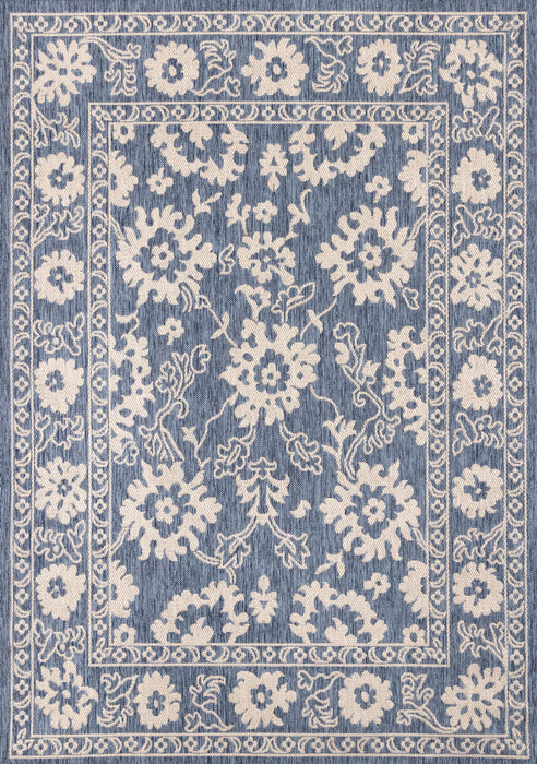 Tapis d'exterieur Cabana bleu et blanc a bordure elegante, 6'7\" x 9'6\"