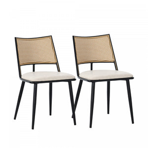 Chaises de salle a manger modernes Oliver avec assise rembourree en PU et dossier en rotin PE, lot de 2, noir