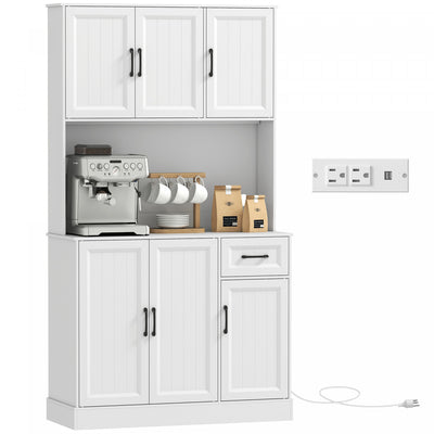 HOMCOM 71" Pantry Cabinet, Kitchen Cupboard with Charging Station, White