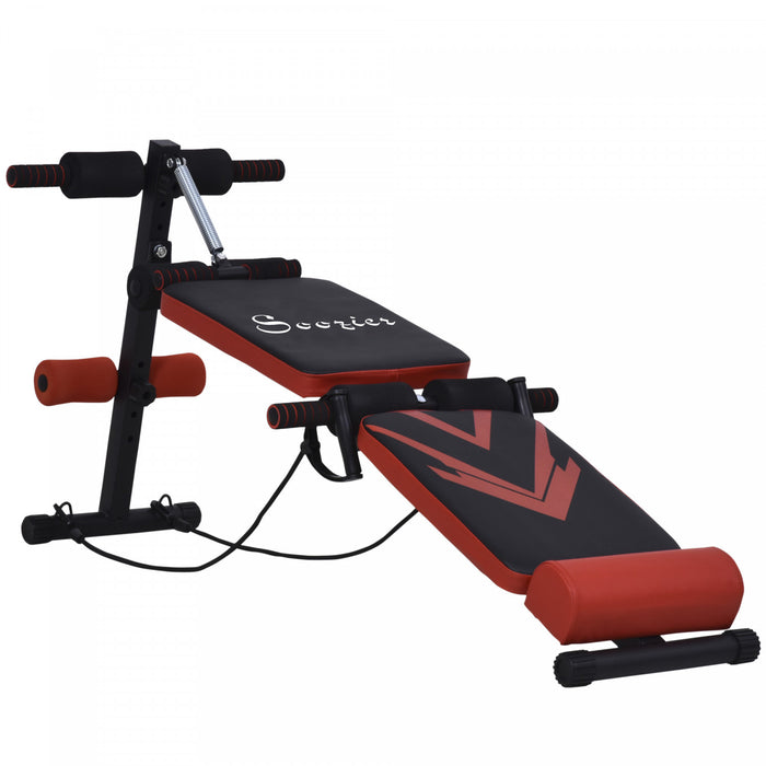 Soozier Banc De Musculation Pliable Appareil A Abdo Hauteur Reglable 2 Bandes De Resistances + Ressort Central Traction Acier Noir Rouge