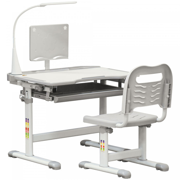 Qaba Ensemble Bureau Et Chaise Pour Enfants, Bureau D'ecriture Reglable En Hauteur, Table D'etude Avec Bureau Inclinable, Lampe Led, Tiroir, Tableau De Lecture, Porte-gobelet, Gris