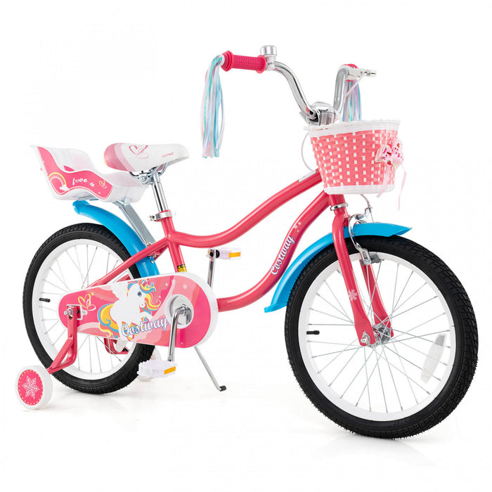 Costway 18\" Velo Pour Enfants De 4 A 8 Ans Avec Siege De Poupee Panier Et Streamers Colores Kickstand Rose