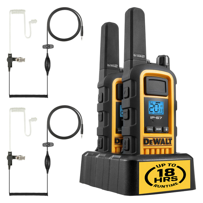 2 talkies de chantier Dewalt DXFRS800 plus écouteurs - 2 watts, robuste, longue portée, radios bidirectionnelles intérieures-extérieures + 22 canaux