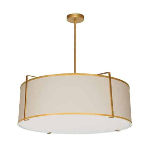 Luminaire suspendu Trapezoid de Dainolite avec abat-jour cylindrique doré et crème qui diffuse la lumière, tissu blanc et 4 ampoules