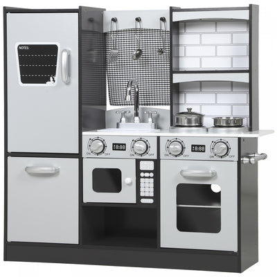Qaba Play Kitchen for Kids, Pretend Kids Kitchen Playset with Switch Knob Sound, Accessories, Fridge, Microwave, Sink and Towel Rack, for Toddlers Ages 3-8 Years Old, Dark Brown