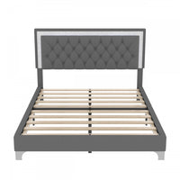  Ensemble De Chambre Sophia 3 Pieces Avec Tete De Lit Capitonnee En Velours, Lit Tapisse Et Eclairage Led, Taille Queen, Gris