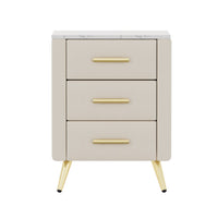 Table de chevet Dylan en bois rembourre avec 3 tiroirs et pieds en metal, beige