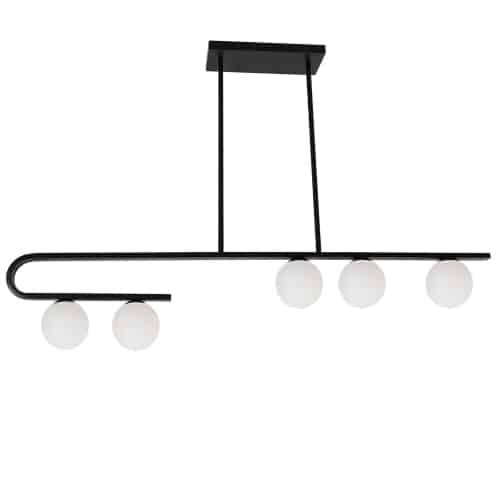 Luminaire suspendu horizontal Atlas de Dainolite en verre blanc, avec fini noir mat et 5 ampoules