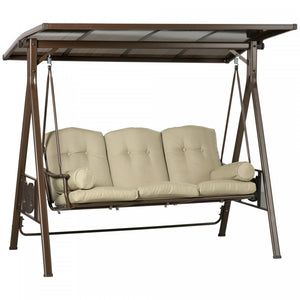 Outsunny Chaise Balancoire 3 Places Pour Terrasse, Balancoire Exterieure Avec Coussin, Oreillers Et Auvent Reglable En Polycarbonate Pour Porche, Jardin, Piscine, Arriere-cour, Kaki
