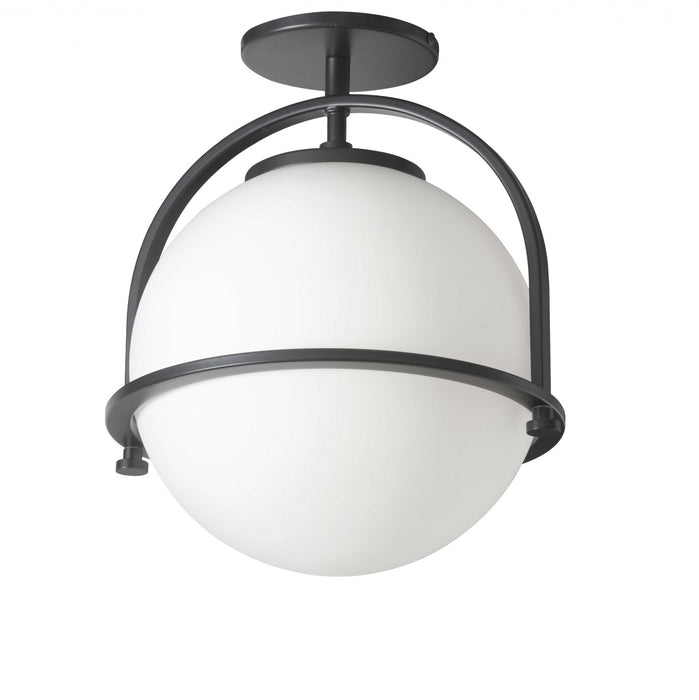 Plafonnier semi-affleuré Paola de Dainolite en verre blanc opale, avec fini noir mat et 1 ampoule