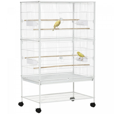 Pawhut 52" Large Rolling Steel Bird Cage Bird House With Rolling Stand, Storage Shelf, Wood Perch, F|Pawhut 52" Grande Cage A Oiseaux Roulante En Acier Avec Support Roulant, Etagere De Rangement, Perch