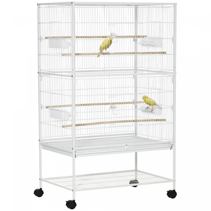 Pawhut 52\" Grande Cage A Oiseaux Roulante En Acier Avec Support Roulant, Etagere De Rangement, Perchoir En Bois, Recipient Alimentaire, Blanc