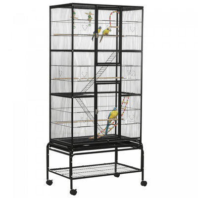 Pawhut 71" Bird Cage, 3 Tier Large Parrot Cage With Wheels, Perches, Ramp, Storage Shelf, Toys For Canaries, Finches, Cockatiels, Parakeets, Black