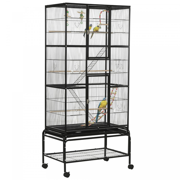 Cage A Oiseaux 71\" Avec Roues, Perchoirs, Rampe, Etagere