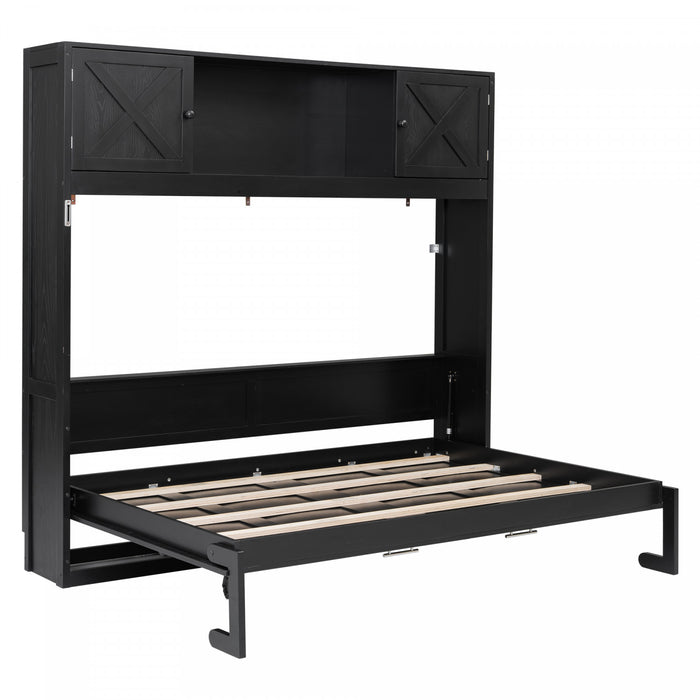 Lit escamotable Ethan en bois massif avec armoires de rangement, taille queen, noir