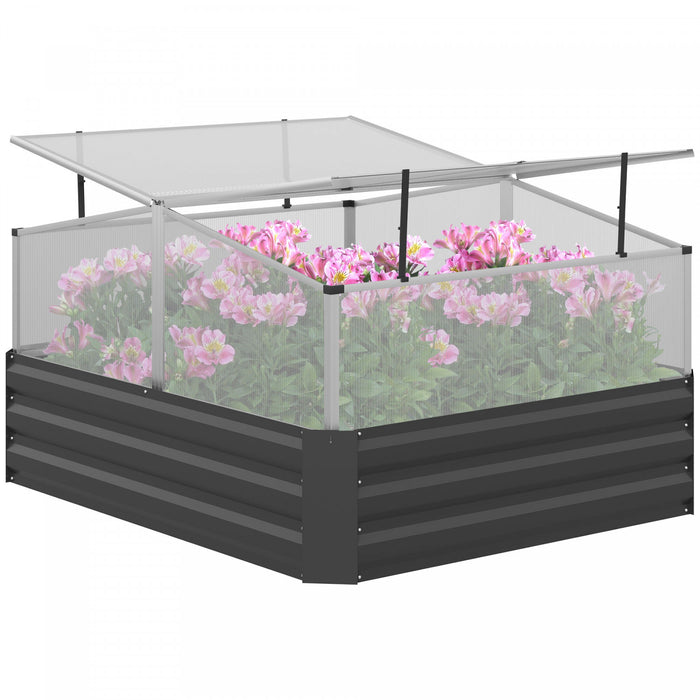Outsunny Lit De Jardin Sureleve Galvanise Avec Serre, Jardinieres En Acier Pour Plantes D'exterieur, Fleurs, Herbes Et Legumes, Utilisation Pour Patio, Cour Arriere, Balcon, Gris Fonce