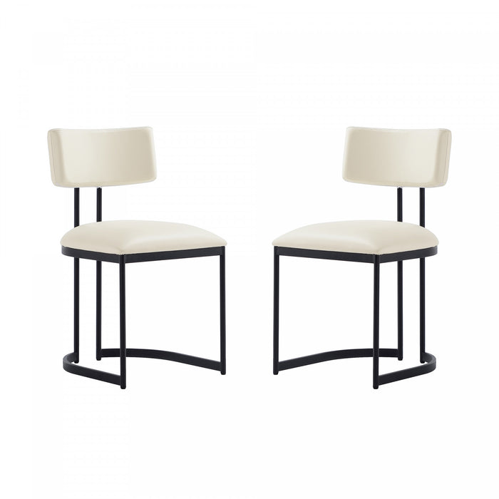 Chaise laterale contemporaine moderne Juno en cuir vegetalien et metal, creme - Lot de 2