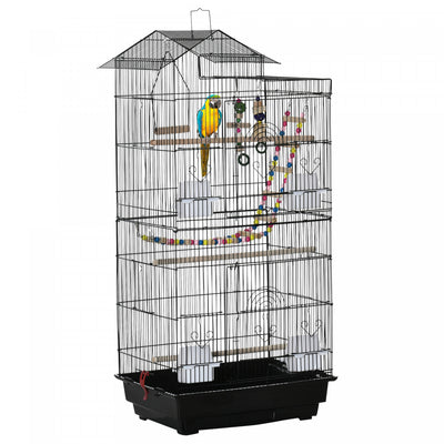 Pawhut 39" Bird Cage For Budgie, Cockatiel, Conure, Small Birds, Parrot Cage With Ladder, Swing, Toys, Perches, Tray, Feeding Bowls, Handle, Black