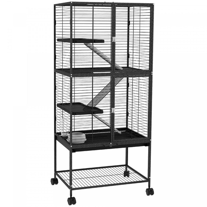 Pawhut Cage A Furet Roulant 53,5 Po De Hauteur Pour Petits Animaux, Cage A 4 Niveaux Pour Chinchillas, Etagere De Rangement, 3 Portes, Bol, Bouteille D'eau, Rampes, Gris
