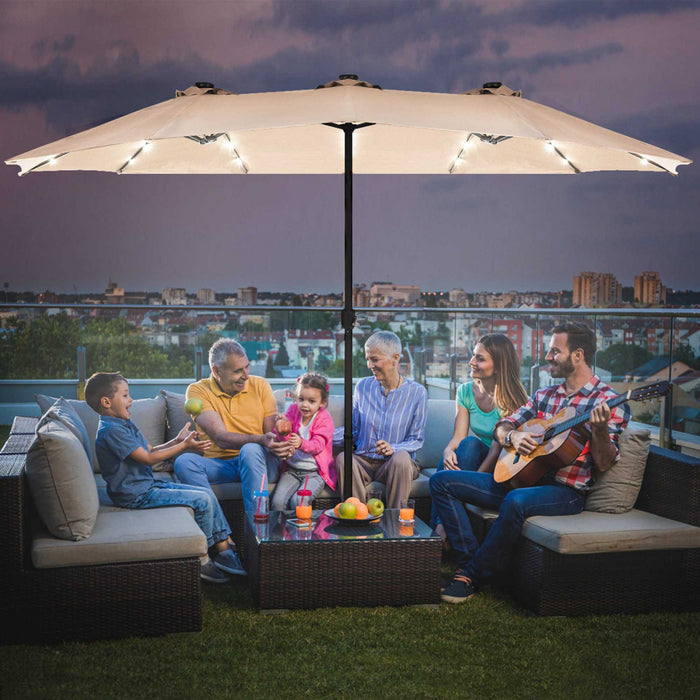 Costway Parasol de marche double-face solaire LED 15Ft Patio avec manivelle pied Beige