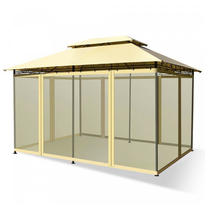 2-tier 10’x13’ Acier Gazebo Canopy Tente Abri Patio Jardin Filet Exterieur Beige