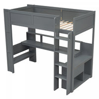  Jackson – Lit Mezzanine Simple En Bois Massif Avec Bureau, Etageres De Rangement, Eclairage Del Et Station De Recharge – Gris Fonce