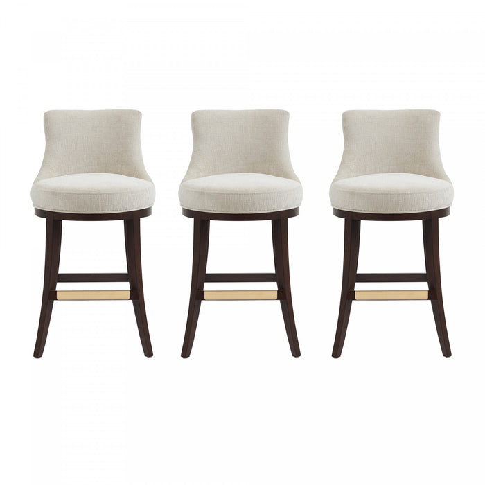 Tabouret de bar moderne Lucia en bois et tissu chenille naturel - Lot de 3