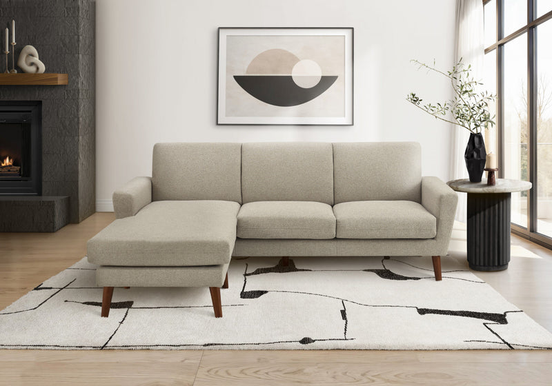 Sofa Chaise Longue Rembourre, 85\"L, Tissu Marron Clair, Pieds En Bois Massif De Noyer