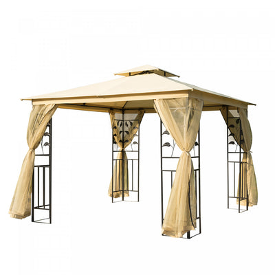 Outsunny 10'x10' Gazebo Canopy Outdoor Patio Sun Shelter Uv Protect W/ 2-tier Polyester Roof Curtain|Outsunny 10'x10' Gazebo Canopee Abri Soleil Pour Terrasse Exterieure Canopee Avec Protection Uv Prot