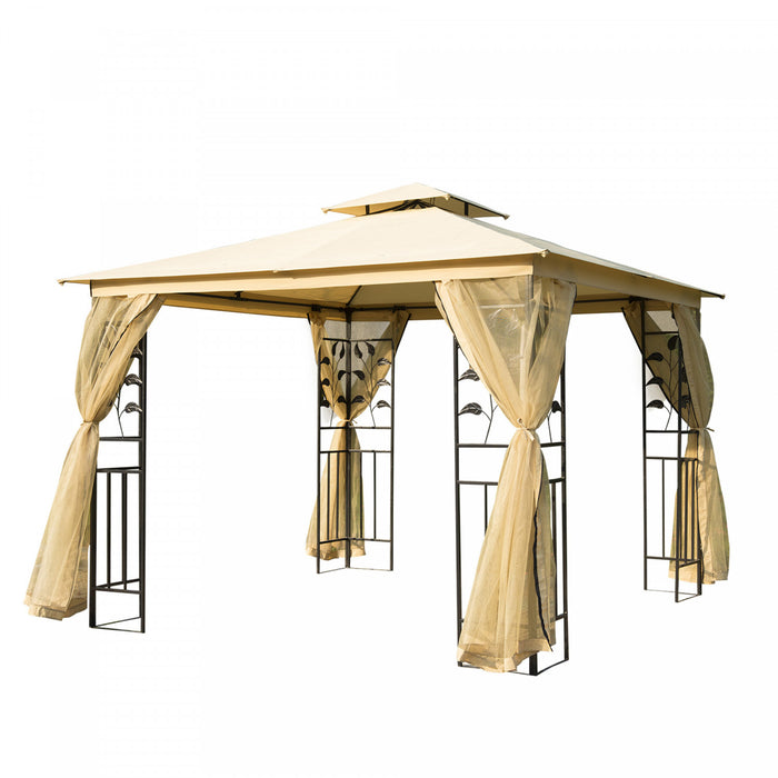 Outsunny 10'x10' Gazebo Canopee Abri Soleil Pour Terrasse Exterieure Canopee Avec Protection Uv Protection Et Moustiquaire